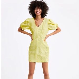 Zara yellow puff sleeves draped dress; size XS